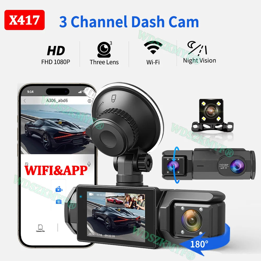 3 Lens WIFI Dash Cam for Car 2Cam Front inside Camera 1080P Video Recorder Dashcam Black Box Car DVR Optional Rear View Camera