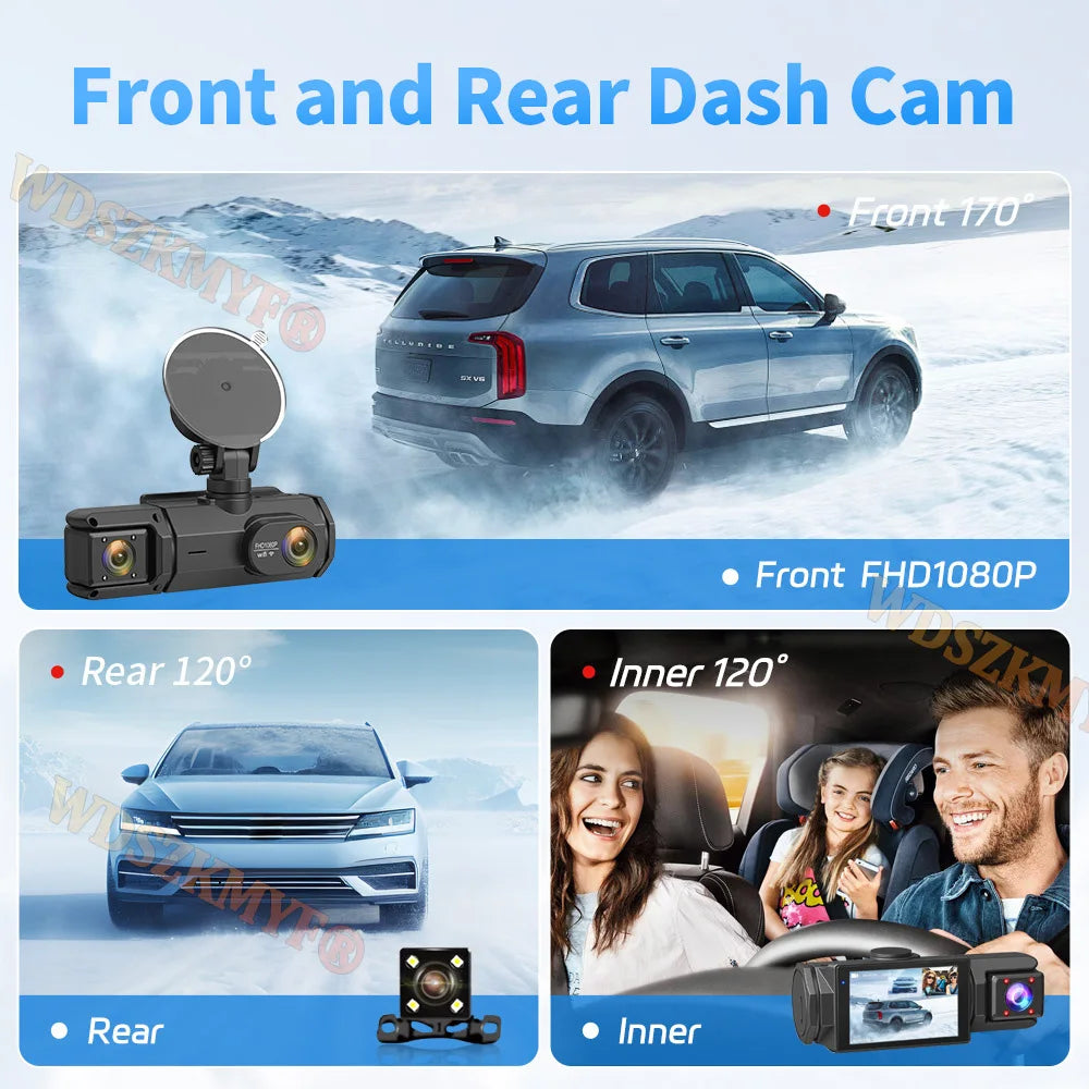 3 Lens WIFI Dash Cam for Car 2Cam Front inside Camera 1080P Video Recorder Dashcam Black Box Car DVR Optional Rear View Camera