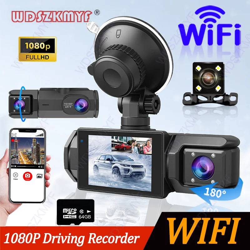 3 Lens WIFI Dash Cam for Car 2Cam Front inside Camera 1080P Video Recorder Dashcam Black Box Car DVR Optional Rear View Camera