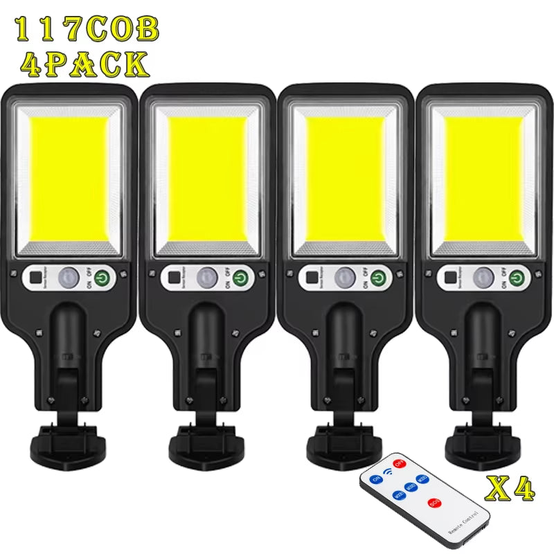 108/117 COB Solar Street Light Outdoor 4 Pack with 3 Mode Waterproof Motion Sensor Security Lighting LED Wall Lamp for Garden