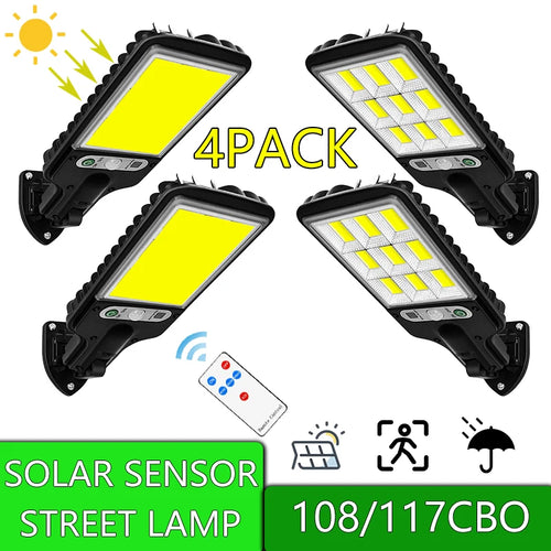 108/117 COB Solar Street Light Outdoor 4 Pack with 3 Mode Waterproof Motion Sensor Security Lighting LED Wall Lamp for Garden