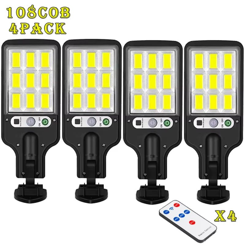 108/117 COB Solar Street Light Outdoor 4 Pack with 3 Mode Waterproof Motion Sensor Security Lighting LED Wall Lamp for Garden